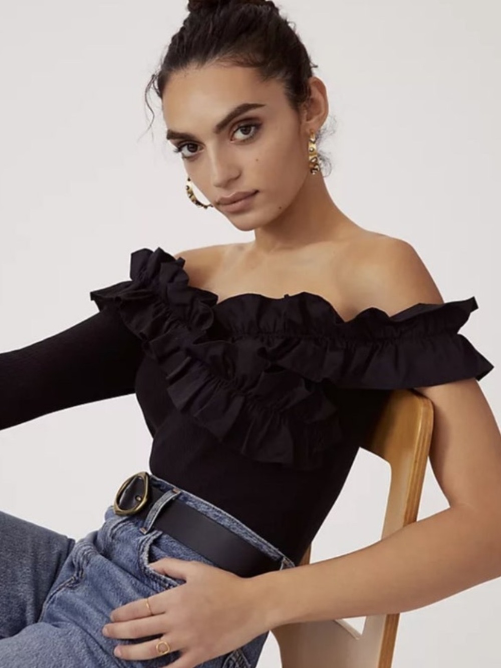 Anthropologie Lea & Viola Black Off-Shoulder Ruffle Knit Top